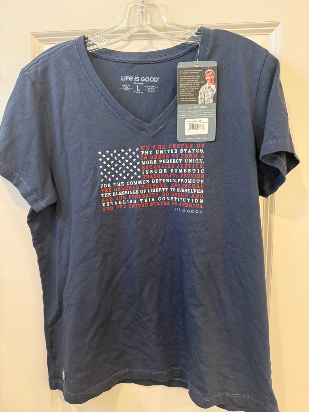 Life Is Good Gray V-Neck Women's Tee with Patriotic Text